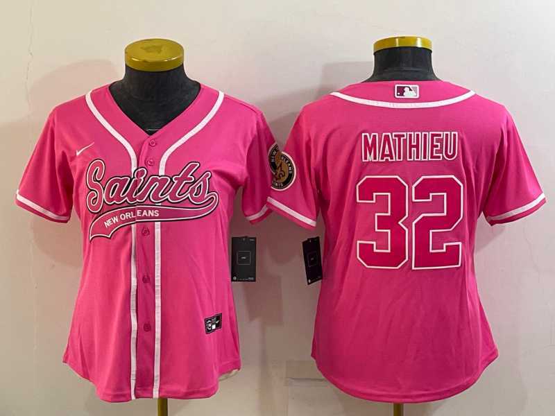 Womens New Orleans Saints #32 Tyrann Mathieu Pink With Patch Cool Base Stitched Baseball Jersey
